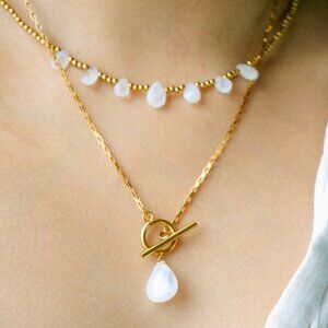 Rainbow Moonstone Drops Necklace Gold Beaded Waterproof Non Tarnish GORGEOUS